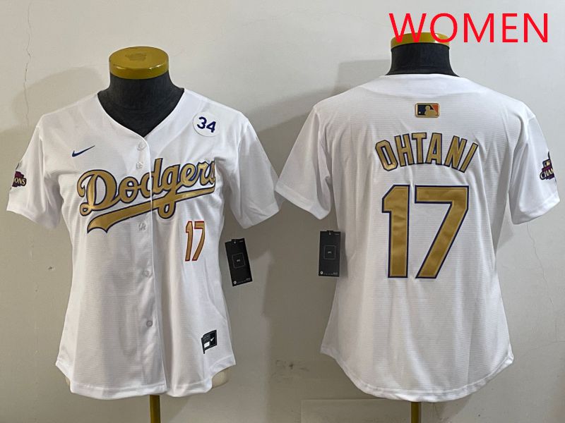 Women Los Angeles Dodgers #17 Ohtani White Champion gold character 2025 Nike MLB Jersey style 2